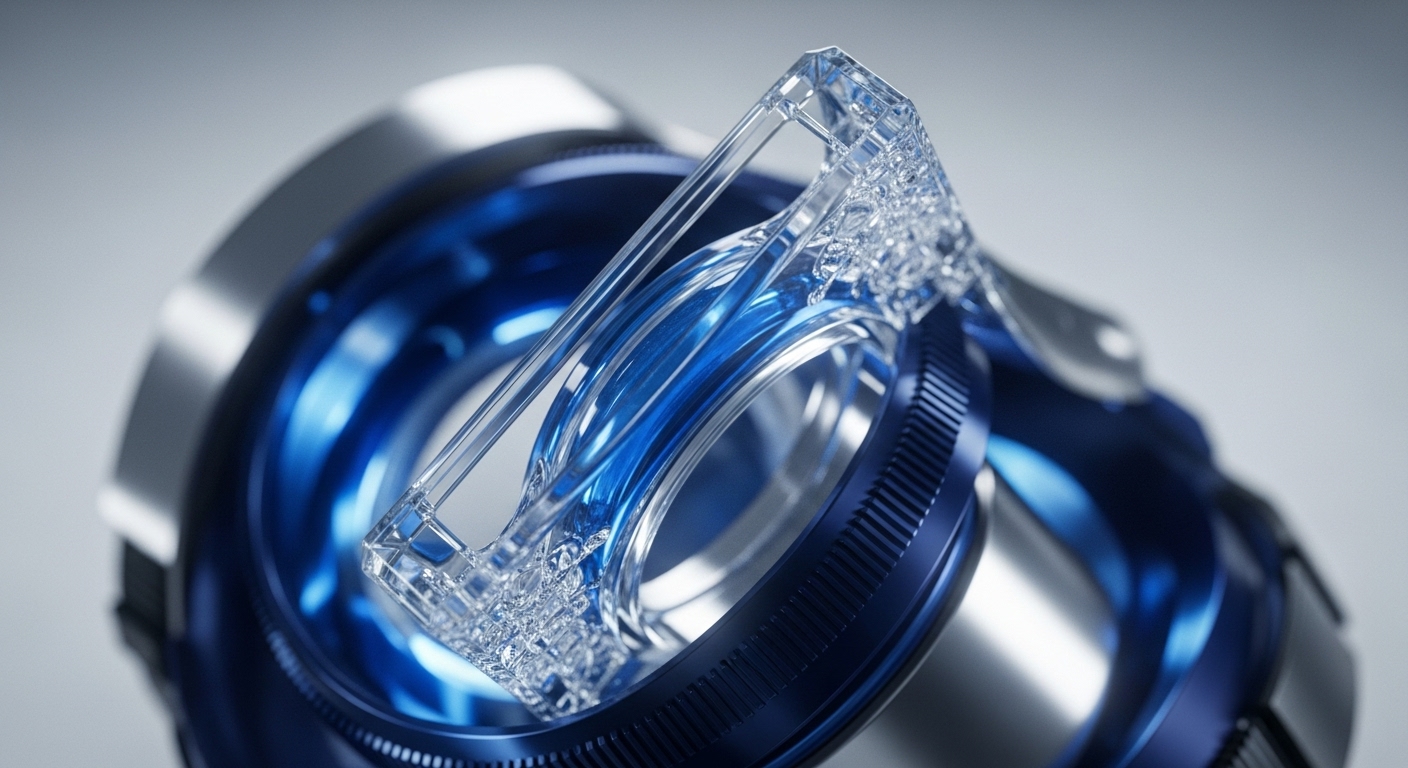 The image showcases a high-fidelity, abstract mechanism with a transparent crystalline element at its core, surrounded by a deep blue glowing ring and polished silver components. Intricate details on the dark blue outer ring suggest a precision-engineered device, possibly a component within a larger system