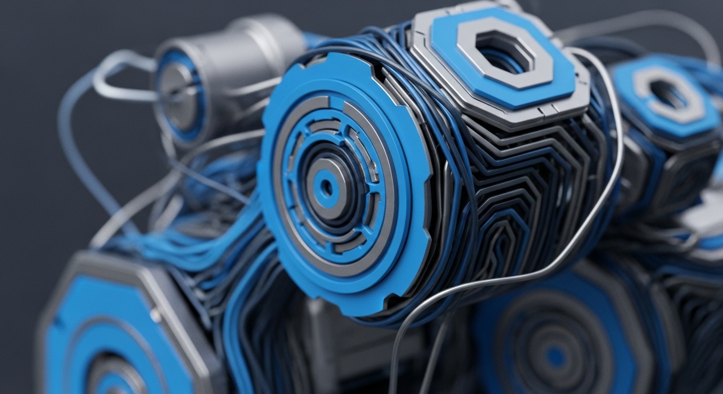 The image displays a detailed, close-up perspective of a complex mechanical or digital system, characterized by bright blue and metallic silver components intricately connected by numerous wires. Hexagonal and circular modules with layered designs and concentric patterns are prominent, set against a blurred, dark grey background