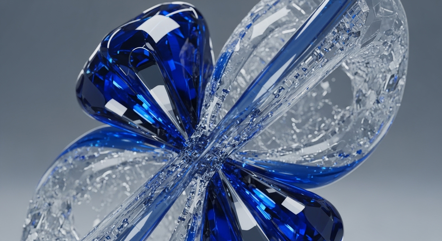 A complex, abstract sculpture displays intertwining blue and transparent crystalline forms. Faceted, gem-like blue elements interweave with fragmented, clear glass-like structures, creating a dynamic, interconnected visual