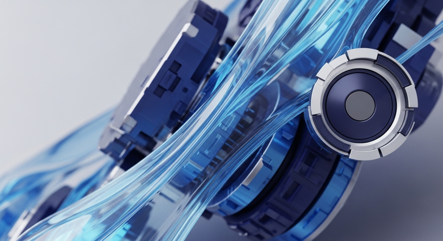 The image presents an abstract, high-tech visual of dark blue and silver mechanical elements, possibly representing digital infrastructure, intertwined with bright, flowing translucent blue ribbons or conduits. These dynamic, ethereal streams weave through the more rigid structures, creating a sense of interconnectedness and continuous motion