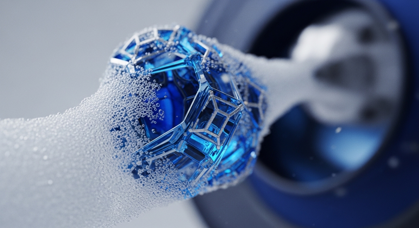 A luminous blue geometric lattice structure is enveloped in a cascade of white effervescent bubbles, with a blurred dark blue background. The intricate, transparent facets of the structure are highlighted by countless tiny bubbles, creating a dynamic visual of interaction and flow
