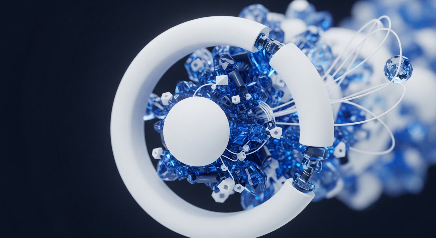 A dynamic abstract composition showcases a central white sphere surrounded by a vibrant cluster of blue crystalline forms, interconnected by white filaments and partially encircled by a segmented white ring. The intricate structure is set against a dark, deep background, with elements blurring into the distance on the right, suggesting depth and expansive connectivity