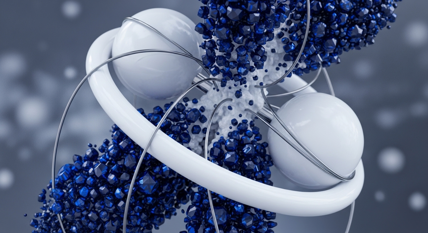 The image presents an abstract arrangement of smooth white spheres, thick white rings, and thin metallic wires against a blurred gray background. Clusters of faceted blue crystalline shapes are distributed throughout, adhering to a central porous white structure
