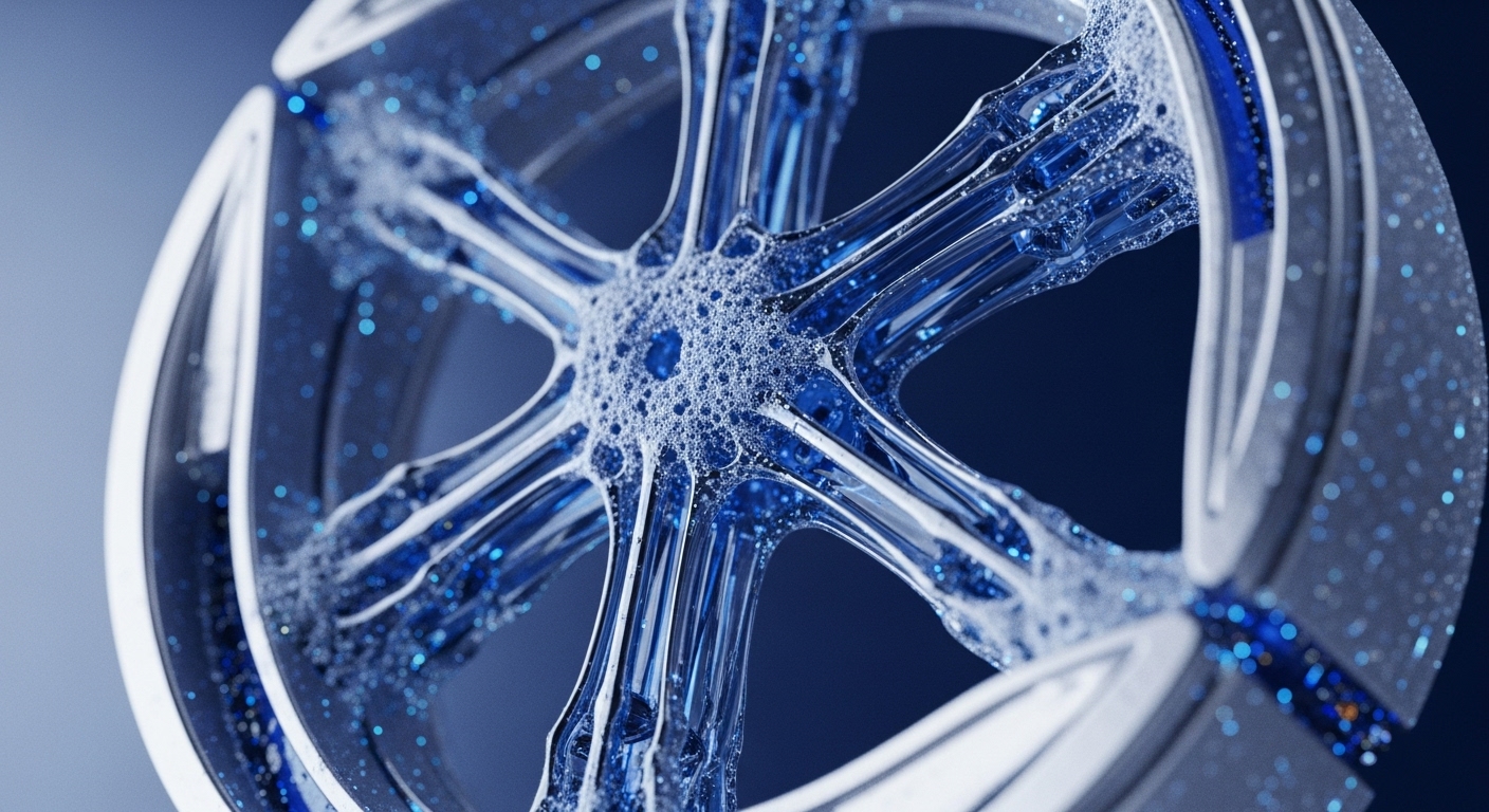 A stylized, futuristic metallic wheel-like structure is prominently displayed, its internal spokes and outer rim sections filled with a vibrant, translucent blue substance. This fluid contains countless shimmering particles and a central mass of white foam, suggesting dynamic internal processes and advanced technology