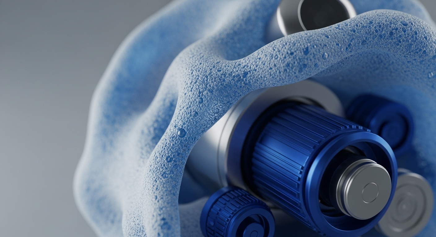 A vibrant blue, bubbly, foam-like substance intricately surrounds and partially obscures various metallic cylindrical objects, which include both dark blue ribbed components and smooth silver units. The light grey background provides a clean, minimalist setting for this detailed, macro-level composition, emphasizing the textures and forms