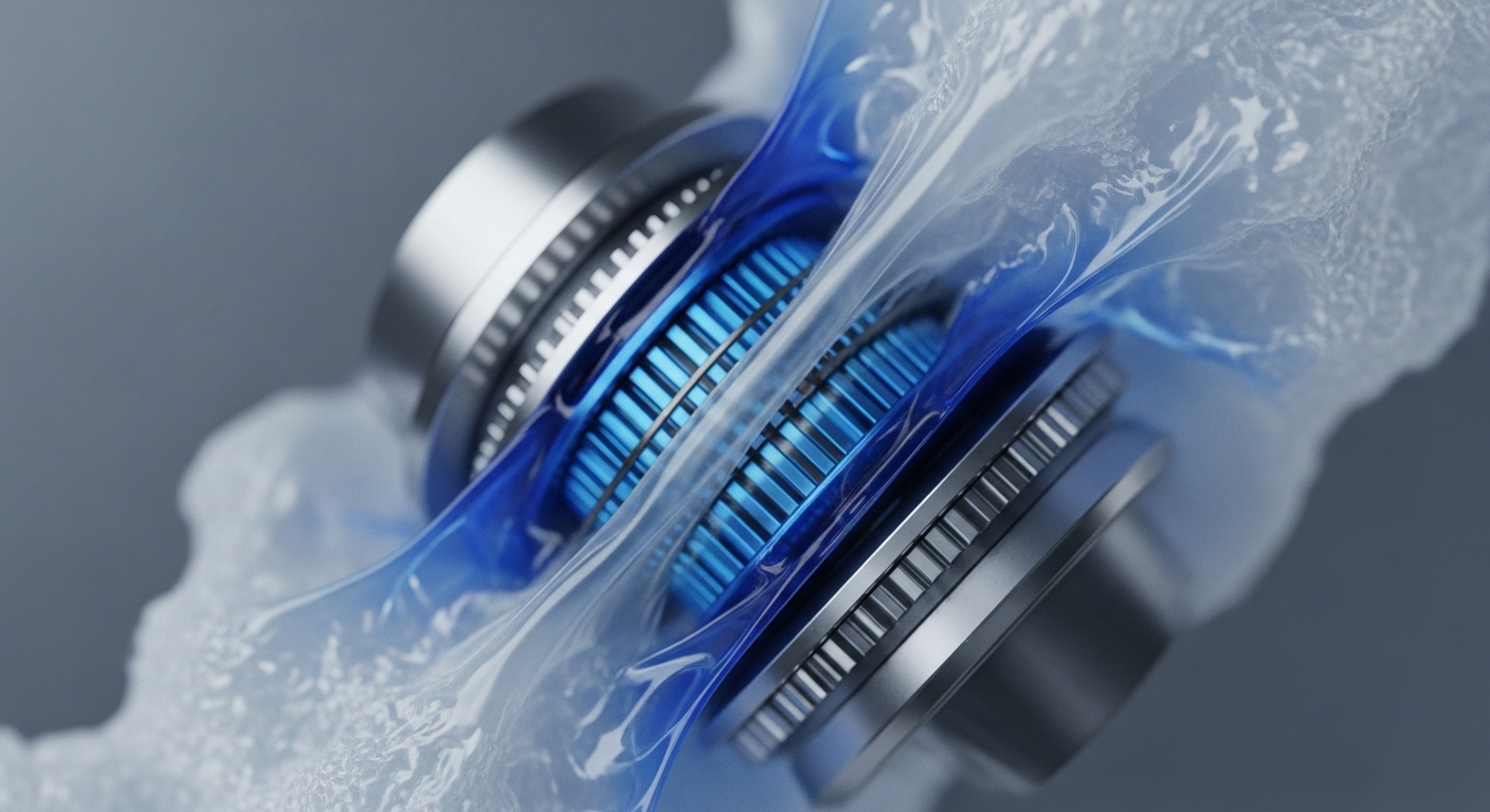 Two highly detailed, metallic cylindrical mechanisms, each with finely grooved exteriors and glowing blue inner workings, are dynamically encased within a flowing, translucent, ethereal medium. This abstract composition suggests a powerful interplay of precision engineering and fluid dynamics, rendered with a cool, technological aesthetic
