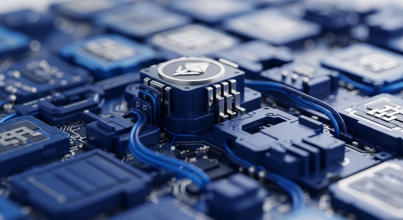 The image displays a highly detailed, close-up perspective of an advanced computing board, featuring a central processing unit surrounded by interconnected components. Blue wires link various modules, highlighting data flow across the system
