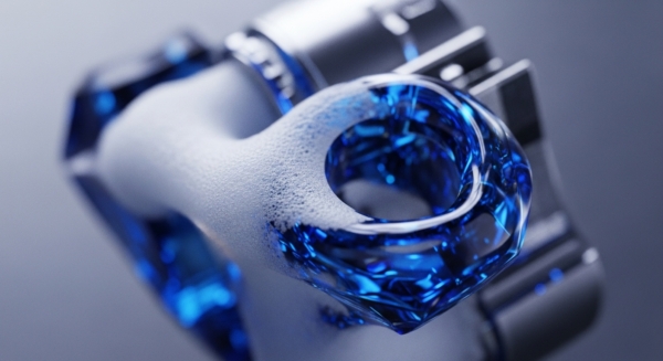 A vibrant, faceted blue crystalline structure, resembling an intricate DLT architecture or smart contract logic, is partially enveloped by a textured white foam. This foam suggests a protocol cleansing or transaction validation layer, ensuring data integrity within a complex cryptographic primitive. The sharp, reflective surfaces of the blue element contrast with the soft, granular texture of the foam, hinting at robust security mechanisms within a decentralized network against a blurred institutional backdrop.