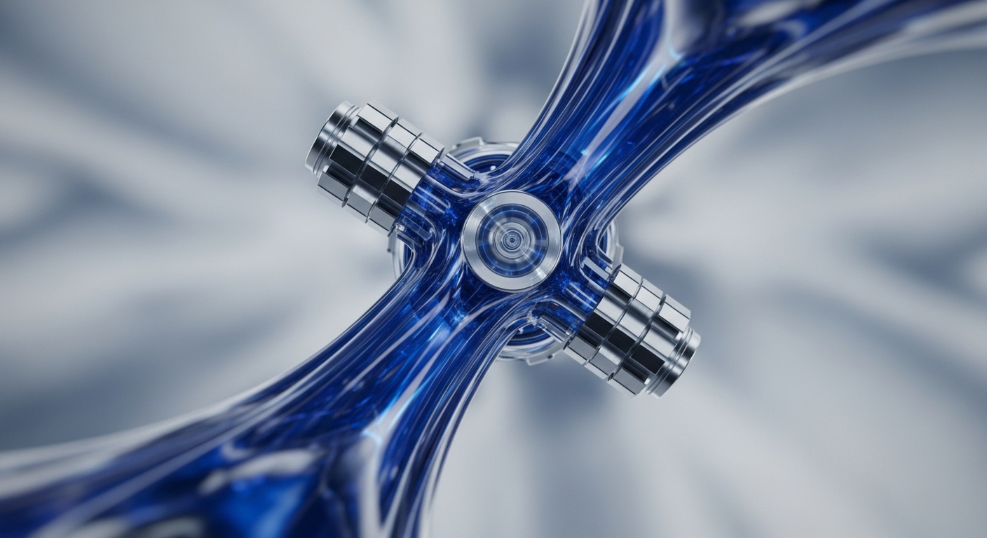 A futuristic abstract mechanism, rendered in striking blue and polished silver, is centrally positioned against a soft, blurred light background. It features a prominent metallic circular hub, from which four translucent, vibrant blue arms emanate, appearing to convey dynamic internal flows