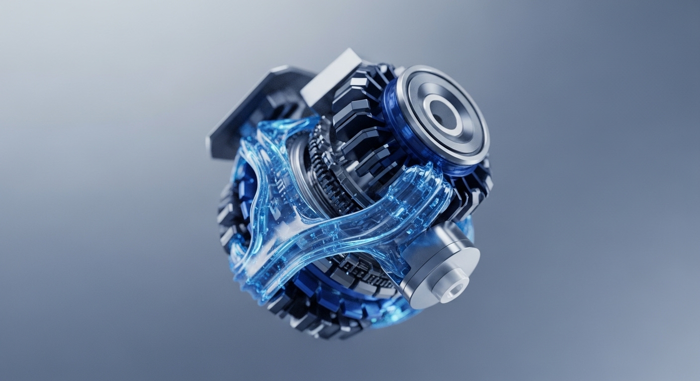 A complex, high-tech mechanical apparatus is centered against a smooth grey background, showcasing intricate metallic components, dark segmented structures, and glowing translucent blue elements. These elements appear to interlock and form a cohesive, dynamic system, hinting at advanced internal operations and efficient data transfer