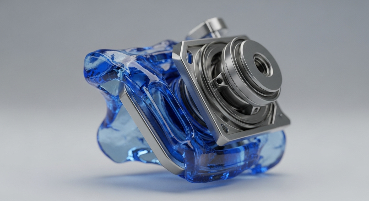 The image displays a sophisticated, abstract object composed of two distinct materials: a lustrous silver-grey metallic assembly and a vibrant, translucent blue, fluid-like mass. The metallic part is highly structured with concentric circles, bolts, and precise geometric shapes, while the blue material appears organic, flowing around and partially encapsulating the metal
