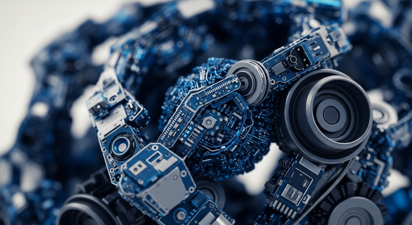 A close-up view reveals an elaborate assembly of blue circuit boards, metallic gears, and intricate wiring, forming a dense technological structure. The foreground elements are sharply focused, showcasing detailed electronic components and mechanical parts, while the background blurs into a larger, similar blue and silver framework