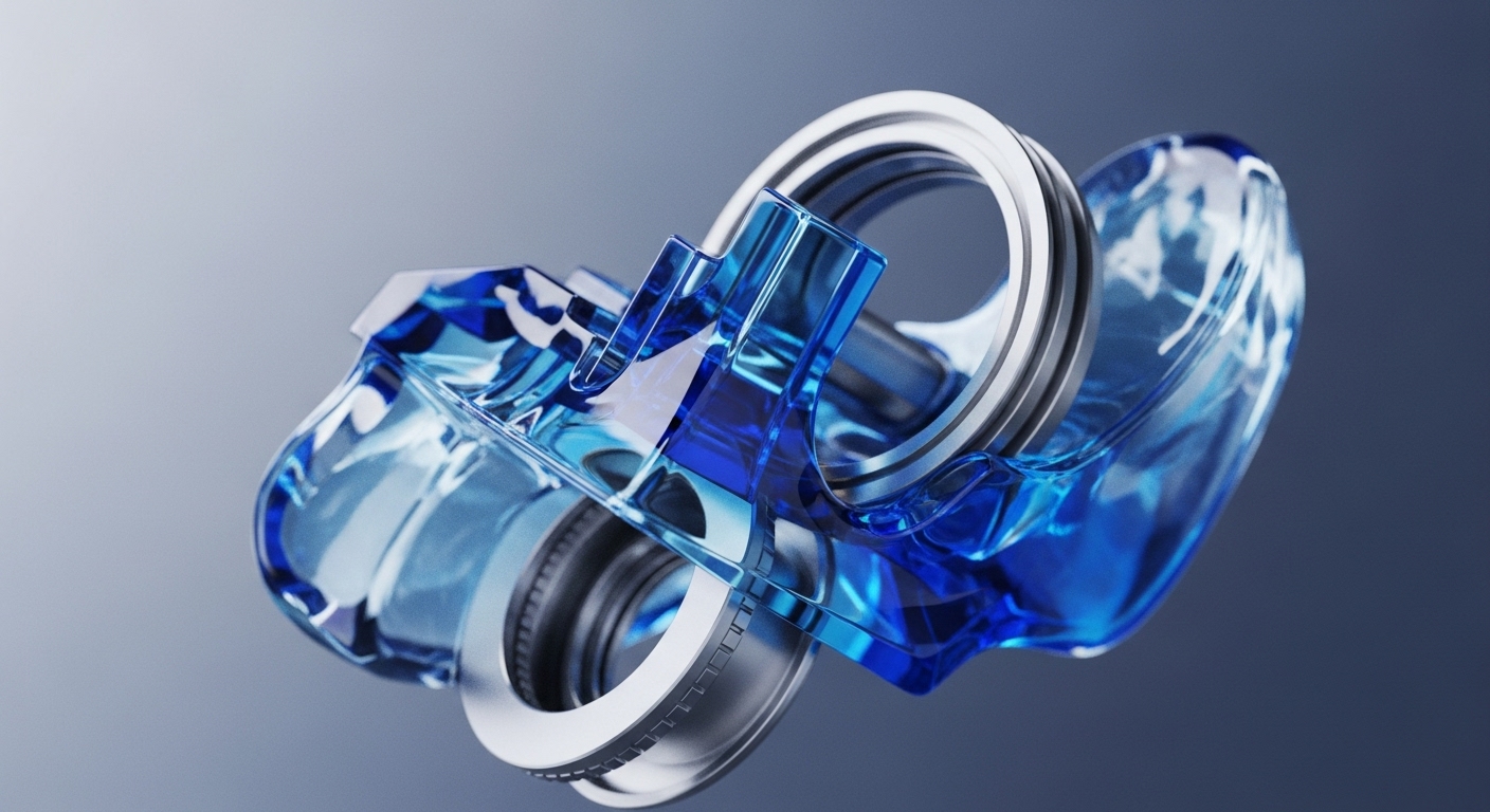The image displays a sophisticated assembly of transparent blue, wave-like forms intricately intertwined with metallic, ring-shaped components. These elements create a dynamic, interconnected structure against a soft gradient background, emphasizing precision and fluid interaction