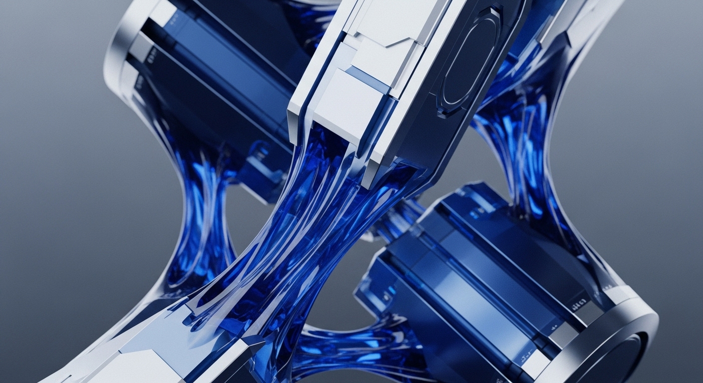 The image displays an intricate, abstract structure composed of translucent deep blue elements intertwined with angular, reflective metallic silver components. These interwoven forms create a visually dynamic network, suggesting complex internal processes and interconnected pathways
