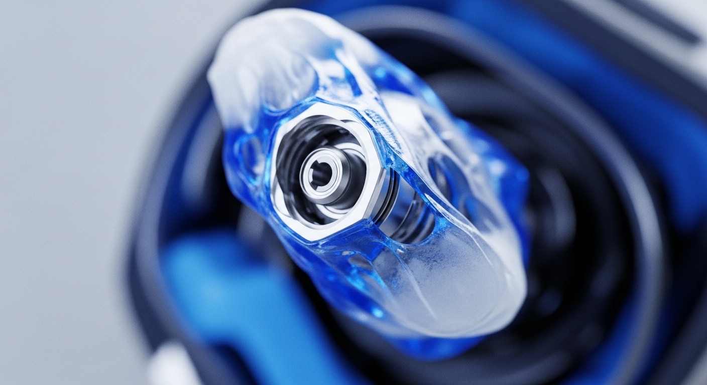 A macro shot highlights a meticulously engineered component, encased within a translucent, frosted blue shell. The focal point is a gleaming metallic mechanism featuring a hexagonal securing element and a central shaft with a distinct keyway and bearing, suggesting a critical functional part within a larger system