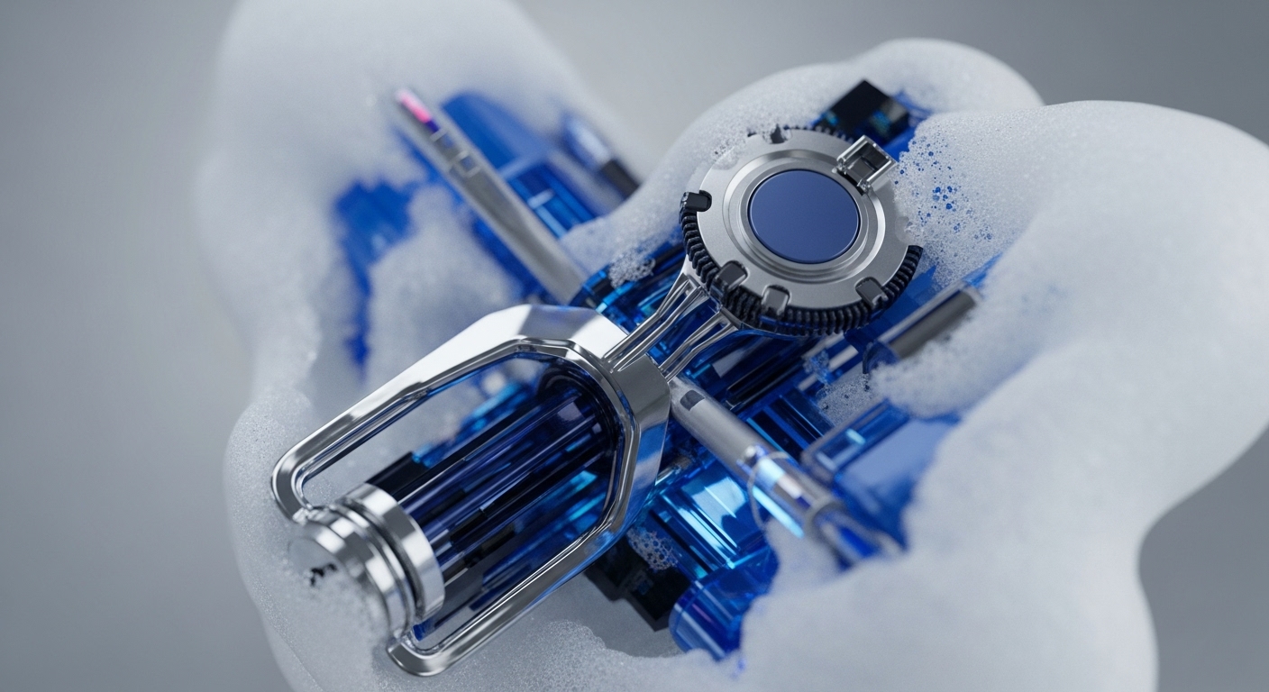 A highly detailed, futuristic mechanism, composed of gleaming silver metallic structures and vibrant translucent blue internal components, is partially submerged in a sea of white, frothy bubbles. The intricate engineering reveals gears, rods, and complex interconnections, suggesting a sophisticated operational system for digital asset management