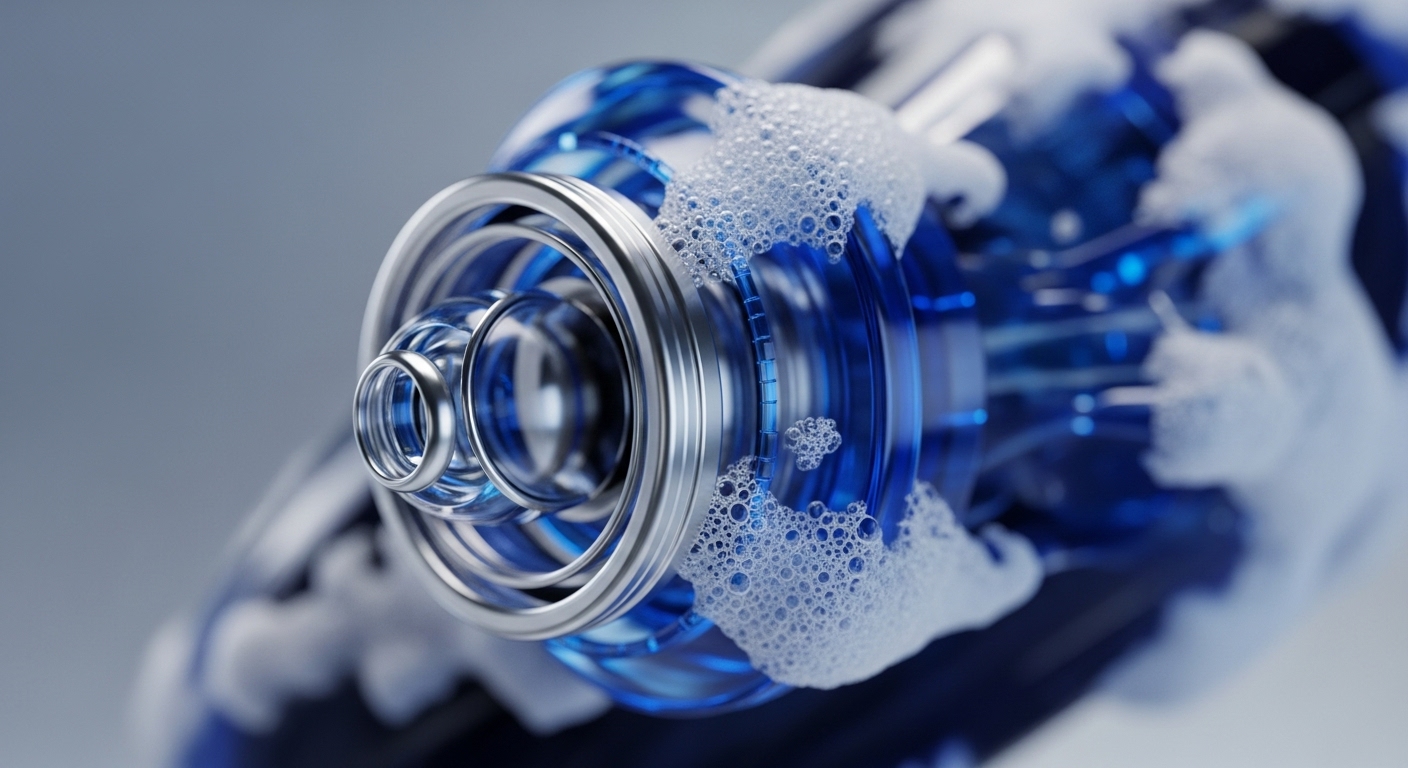 An intricate assembly of metallic rings and translucent blue structural elements forms a complex internal mechanism, dynamically surrounded by white foam. This high-fidelity visual emphasizes the precise engineering and fluid interaction within the system