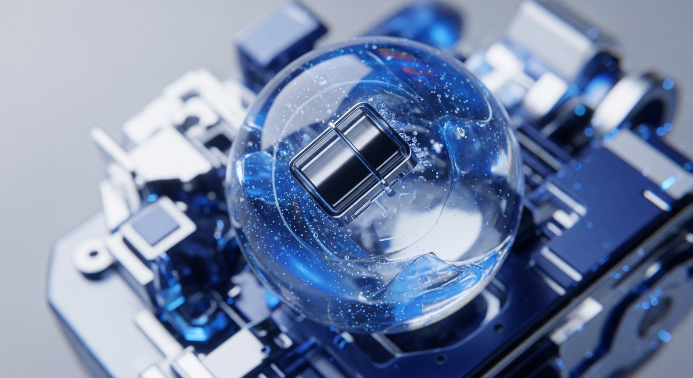 A central transparent sphere containing a metallic, rectangular object suspended in blue liquid with bubbles is depicted. This sphere is surrounded by complex, angular silver and blue technological components