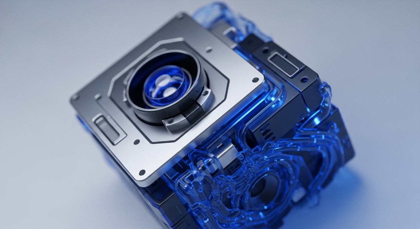 A futuristic metallic cube showcases glowing blue internal structures and a central lens-like component with a spiraling blue core. The device features integrated translucent conduits and various metallic panels, suggesting a complex, functional mechanism