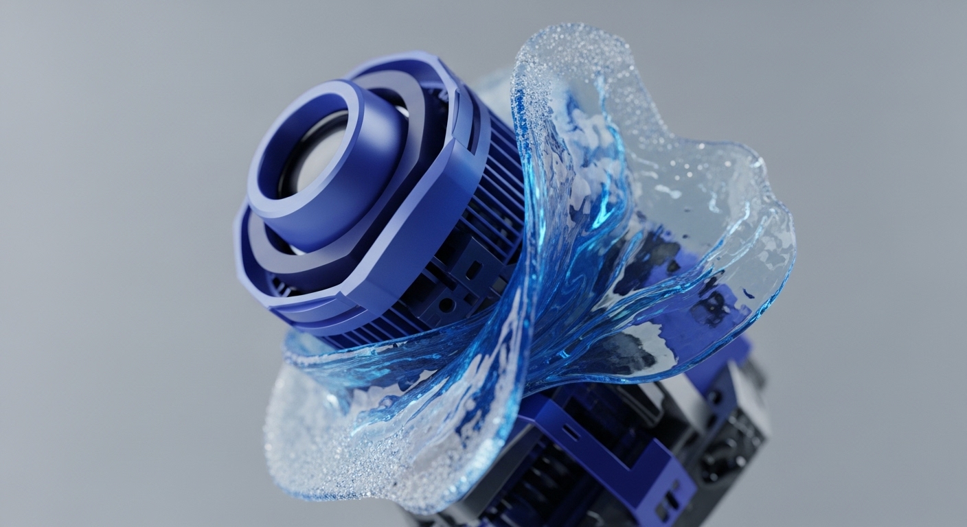 A blue and black mechanical device, possibly a computing component, is shown in a close-up, surrounded by a dynamic, translucent blue liquid. The device has a central circular element, layered structures, and fin-like vents, while the liquid exhibits splashes and droplets