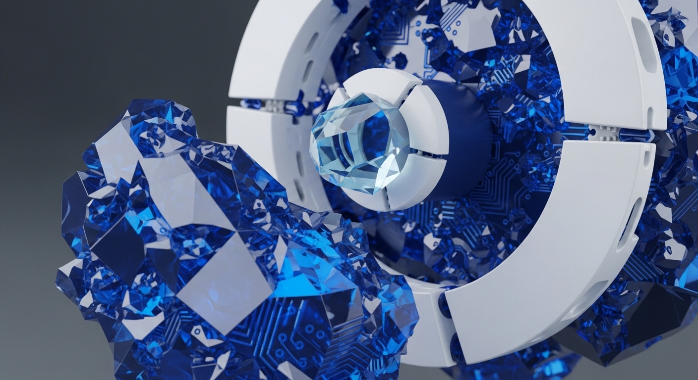 Sharp, angular blue crystals and integrated circuit board elements form a complex, abstract digital construct. At its heart, a luminous, faceted gem rests within a segmented white torus, symbolizing a core element of a decentralized network
