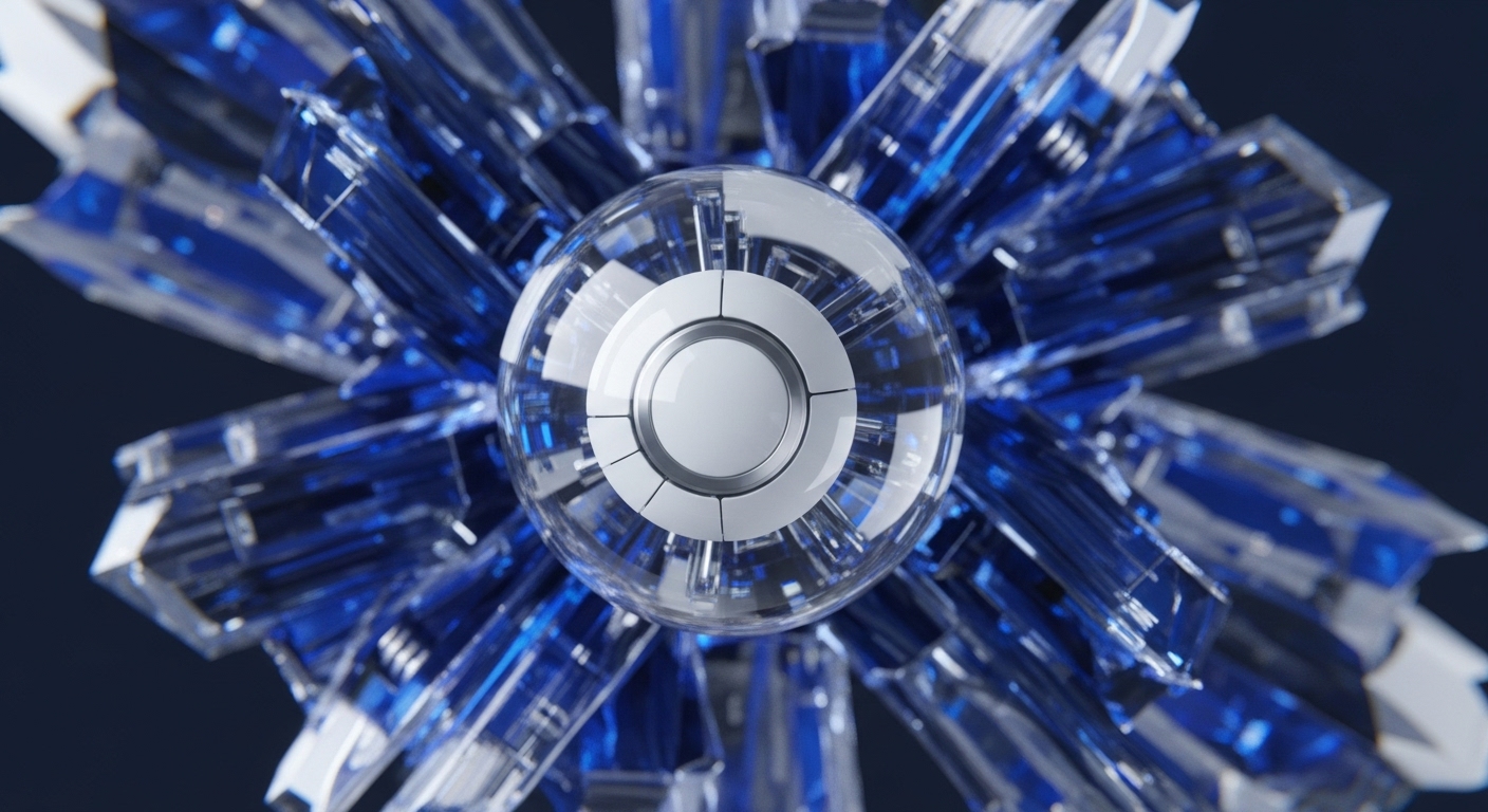 A multifaceted, crystalline structure radiates outwards from a central, spherical core. The core features concentric rings and a smooth, white central orb, encased in transparent material revealing internal mechanisms