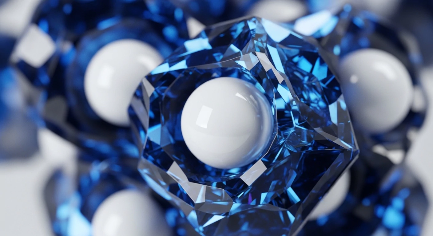 The image displays a close-up of sharp, multifaceted blue crystalline structures surrounding smooth, glowing white spheres. This abstract representation evokes the foundational elements of cryptocurrency and blockchain networks