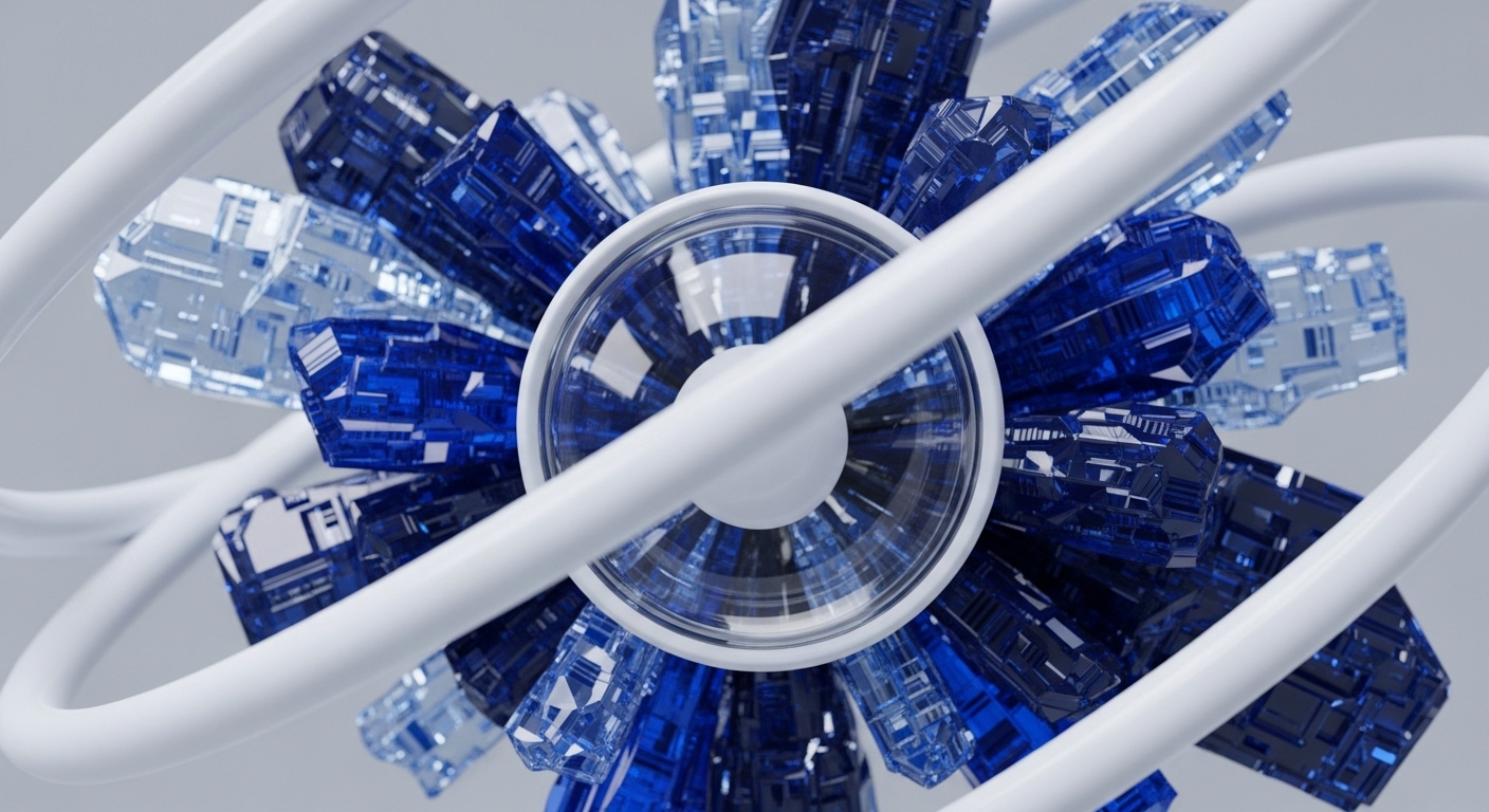 Radiating crystalline formations in shades of blue and clear emanate from a central, reflective disc, encircled by smooth white orbital bands. This abstract representation visually interprets the intricate structure of blockchain technology and cryptocurrency networks