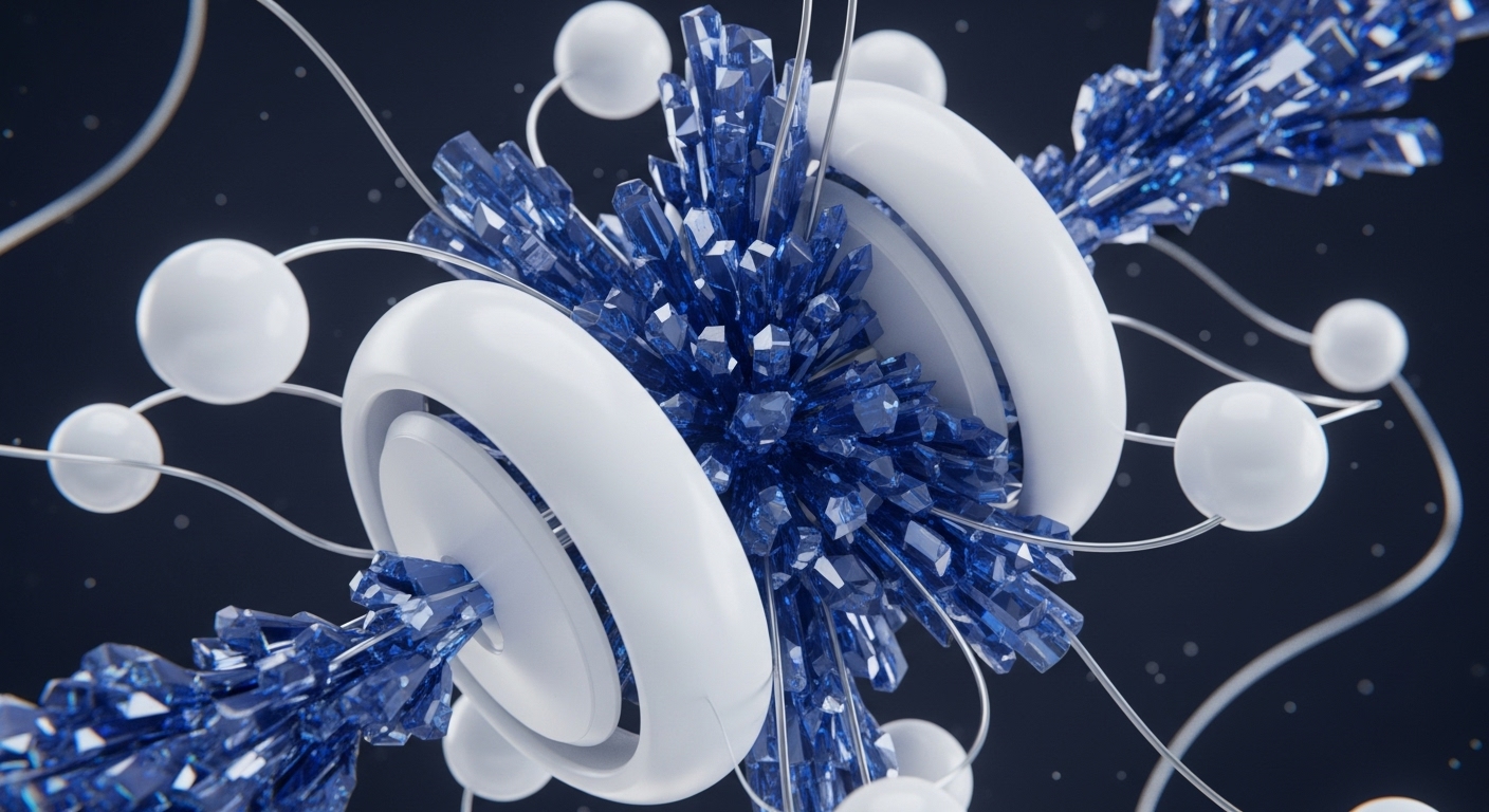 Sharp blue crystalline structures interlace with smooth white toroidal elements and spherical nodes against a dark, speckled expanse. This abstract visualization captures the essence of decentralized finance DeFi and the underlying infrastructure of cryptocurrencies