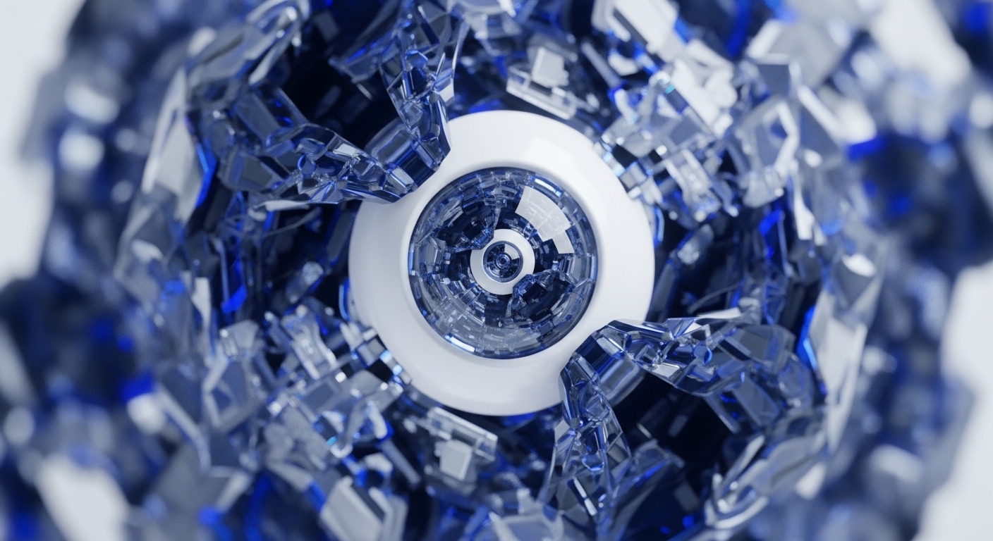 A faceted, crystalline structure of blue and clear shards surrounds a central, white, eye-like orb. This intricate formation visually embodies the complex architecture of a blockchain network, where individual nodes and cryptographic hashing form a secure, distributed ledger