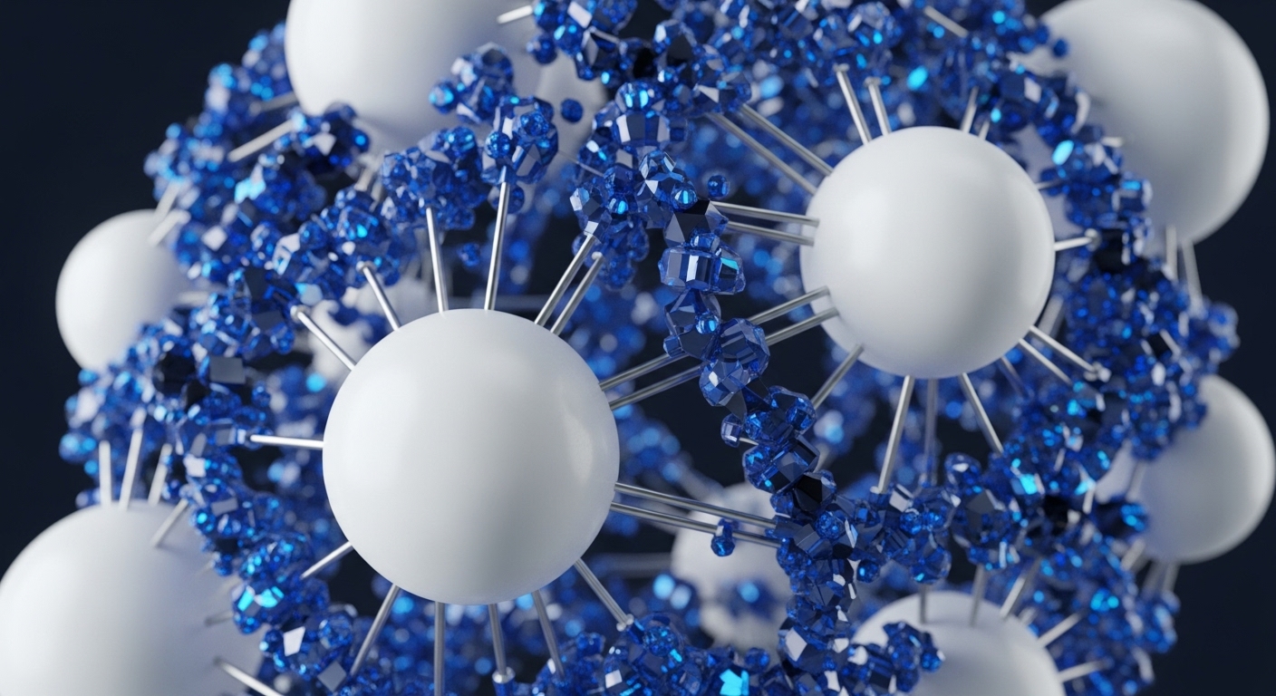 Abstract molecular structure featuring interconnected white spheres linked by metallic tendrils to clusters of shimmering blue crystalline shards. This visual metaphor represents a decentralized blockchain network, where the spheres symbolize nodes or validators, and the crystalline structures represent encrypted data blocks or cryptographic hashes. The intricate connections highlight the consensus mechanisms and interdependencies within distributed ledger technology, illustrating the robust and secure nature of crypto protocols. This arrangement evokes the concept of a distributed autonomous organization's foundational architecture.