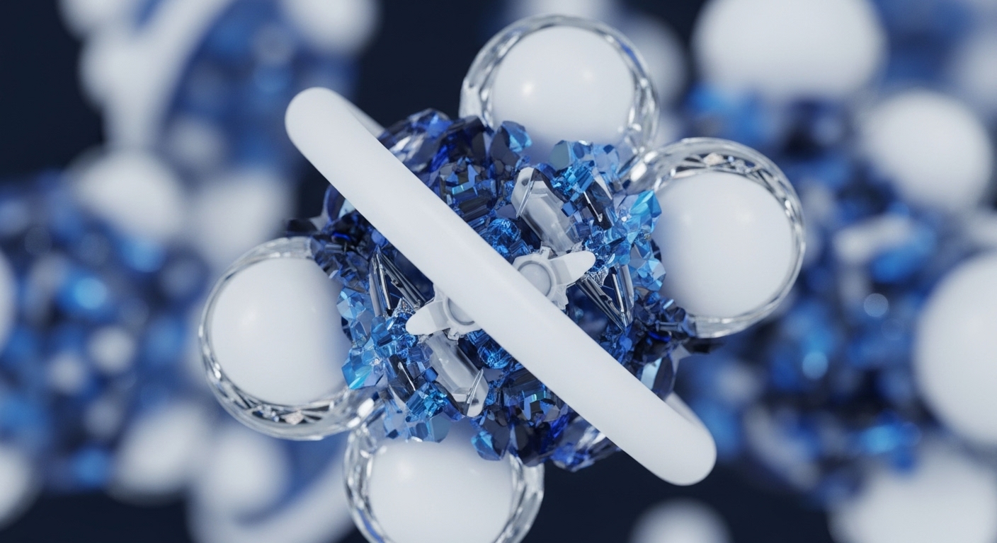 A central, white toroidal shape intersects a cluster of blue, crystalline structures, surrounded by luminous white spheres encased in transparent, faceted shells. This abstract representation visualizes a sophisticated cryptographic nexus, likely symbolizing the core architecture of a decentralized ledger technology DLT or a distributed autonomous organization DAO