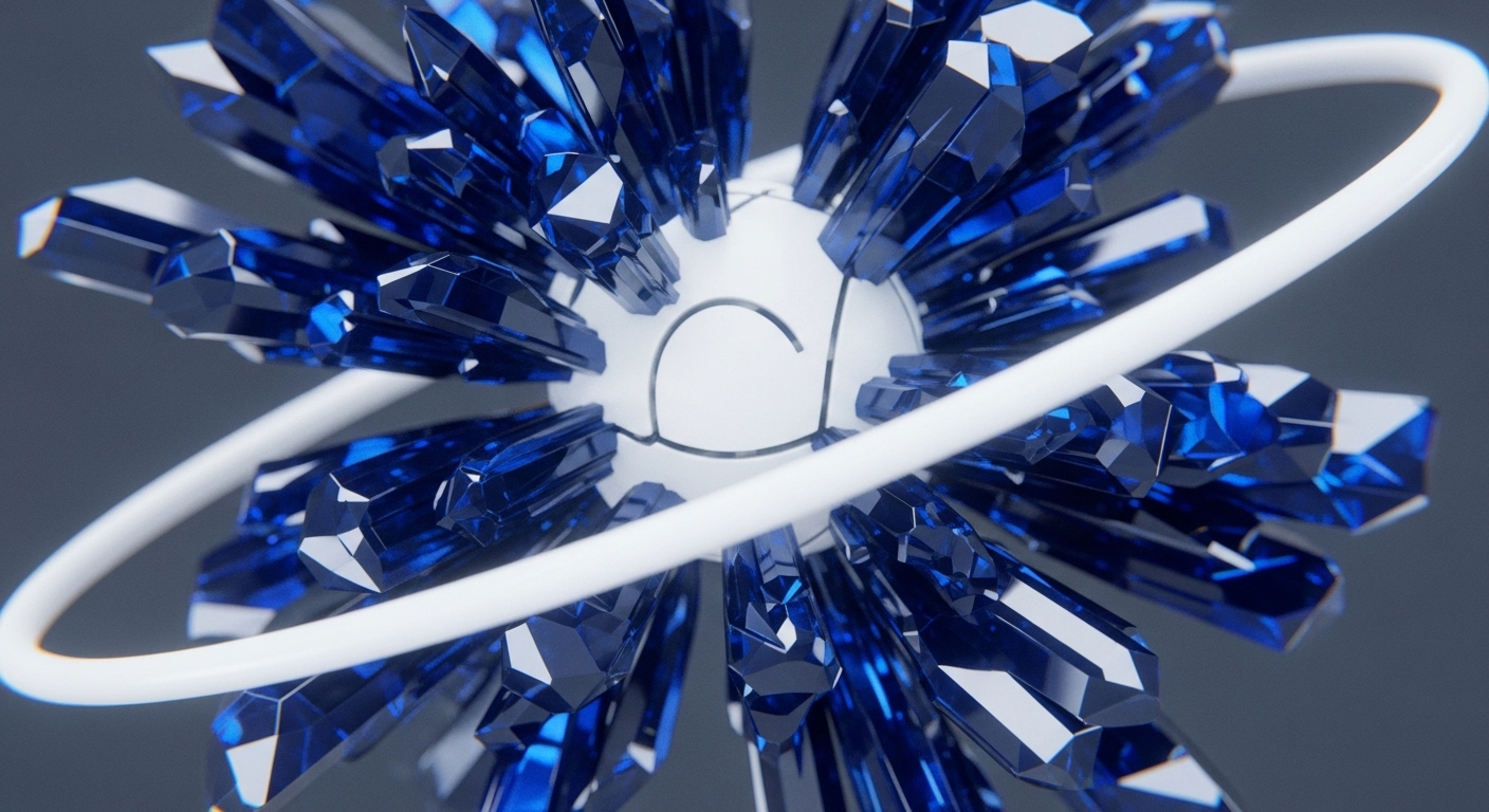 Radiant blue crystals, reminiscent of abstract sapphires, burst outwards from a central, subtly patterned white sphere. A clean white band encircles this crystalline cluster, evoking a sense of structured movement