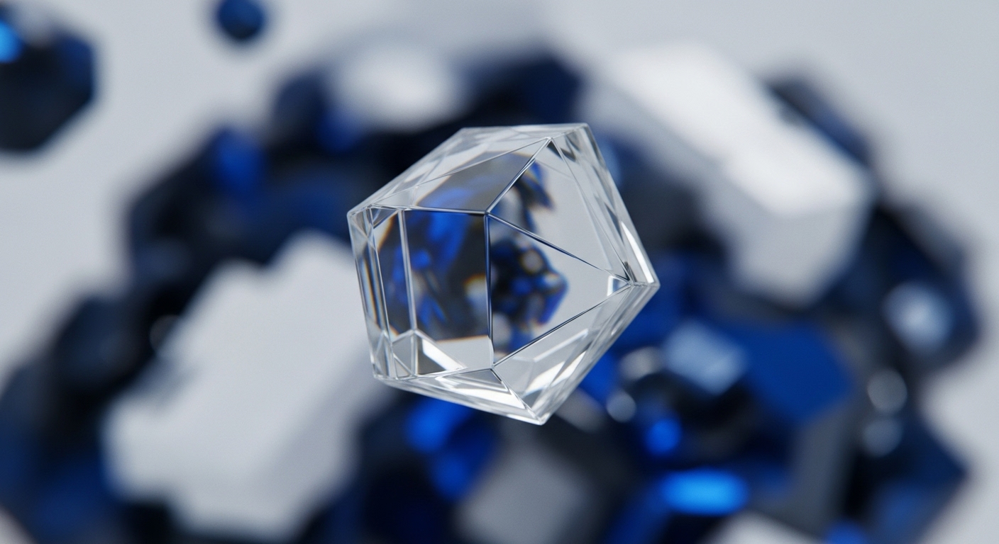 A transparent, multifaceted geometric form, reminiscent of a digital asset or cryptographic key, is suspended in focus. Behind it, a bokeh effect blurs an arrangement of abstract, angular shapes in deep blue and white