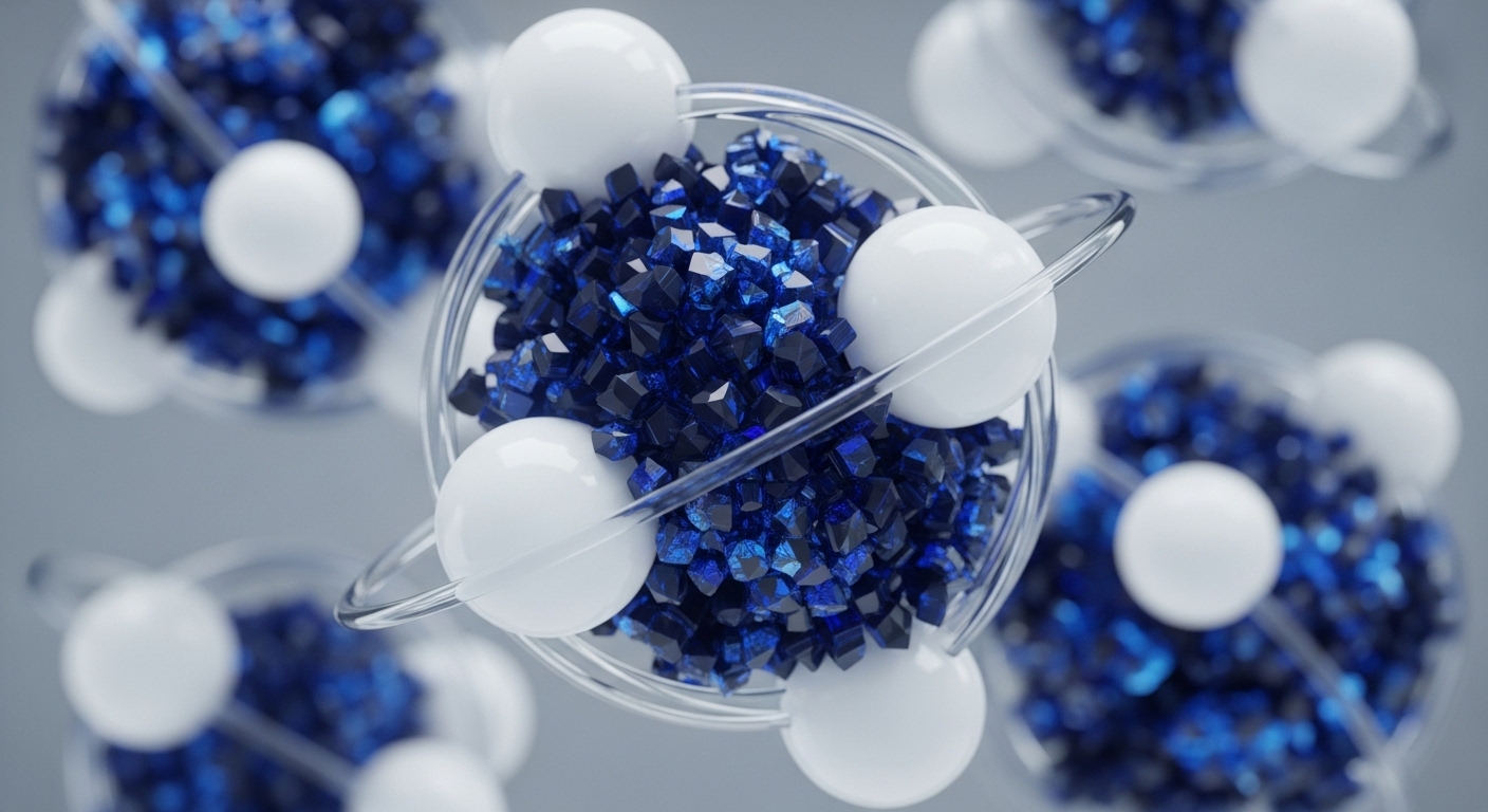 A central mass of dark blue, geometrically precise crystals is contained within a clear, spherical boundary, encircled by three smooth, white spheres. This composition evokes the architecture of blockchain systems, where the crystalline core represents the immutable ledger and cryptographic primitives