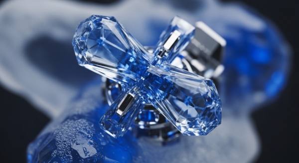 A visually striking, faceted blue crystal structure, resembling an 'X' or a valve, stands prominently with metallic connectors. This intricate design symbolizes a robust cross-chain interoperability solution, where diverse decentralized protocols converge. The crystalline transparency reflects immutability and auditability inherent in a distributed ledger technology. Its control-like appearance hints at decentralized autonomous organization DAO governance mechanisms, facilitating collective decision-making. The multifaceted nature represents complex smart contract logic orchestrating seamless tokenomics across disparate blockchain networks.