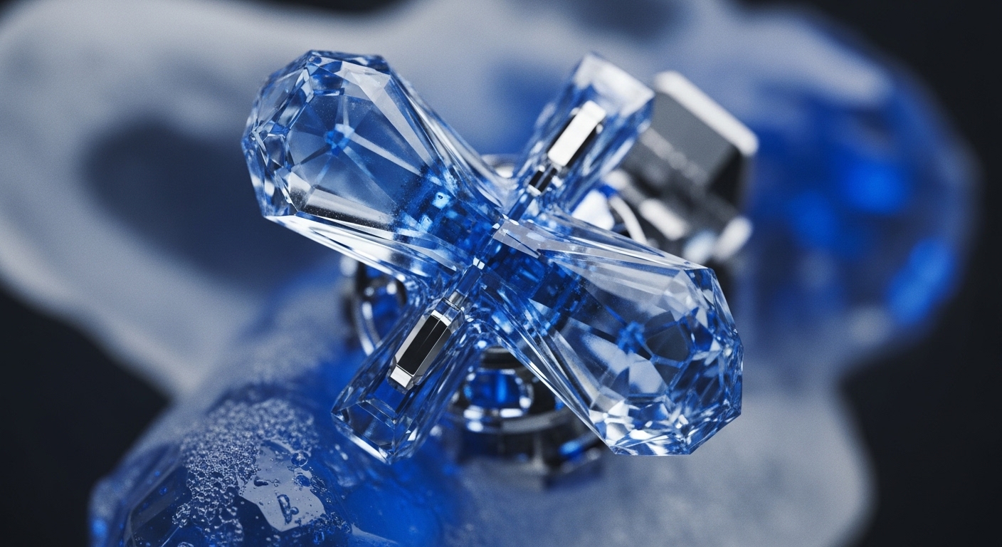 A luminous, multifaceted blue crystal structure, shaped like an 'X' or a cross, is depicted with polished metallic components at its intersections. The object appears to be a stylized control mechanism, possibly a valve, set against a blurred background of blues and greys, with frosty textures on the lower left