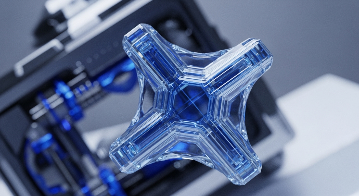 A striking, translucent blue crystalline object with intricate facets dominates the foreground, showcasing complex internal geometry and reflective surfaces. Behind it, blurred industrial machinery featuring blue cables and metallic components suggests a technological backend