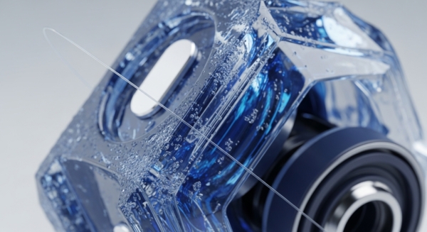 A detailed view captures a transparent, crystalline geometric structure, partially immersed in a vibrant blue liquid filled with effervescent bubbles. A thin, translucent filament, representing a data stream or transaction hash, threads through the core of the object. Internally, a dark blue and metallic silver mechanical component, signifying a consensus mechanism or smart contract engine, is visible. This visual metaphor highlights the complex interplay of liquidity provision and immutable record processing within a decentralized network's operational core.