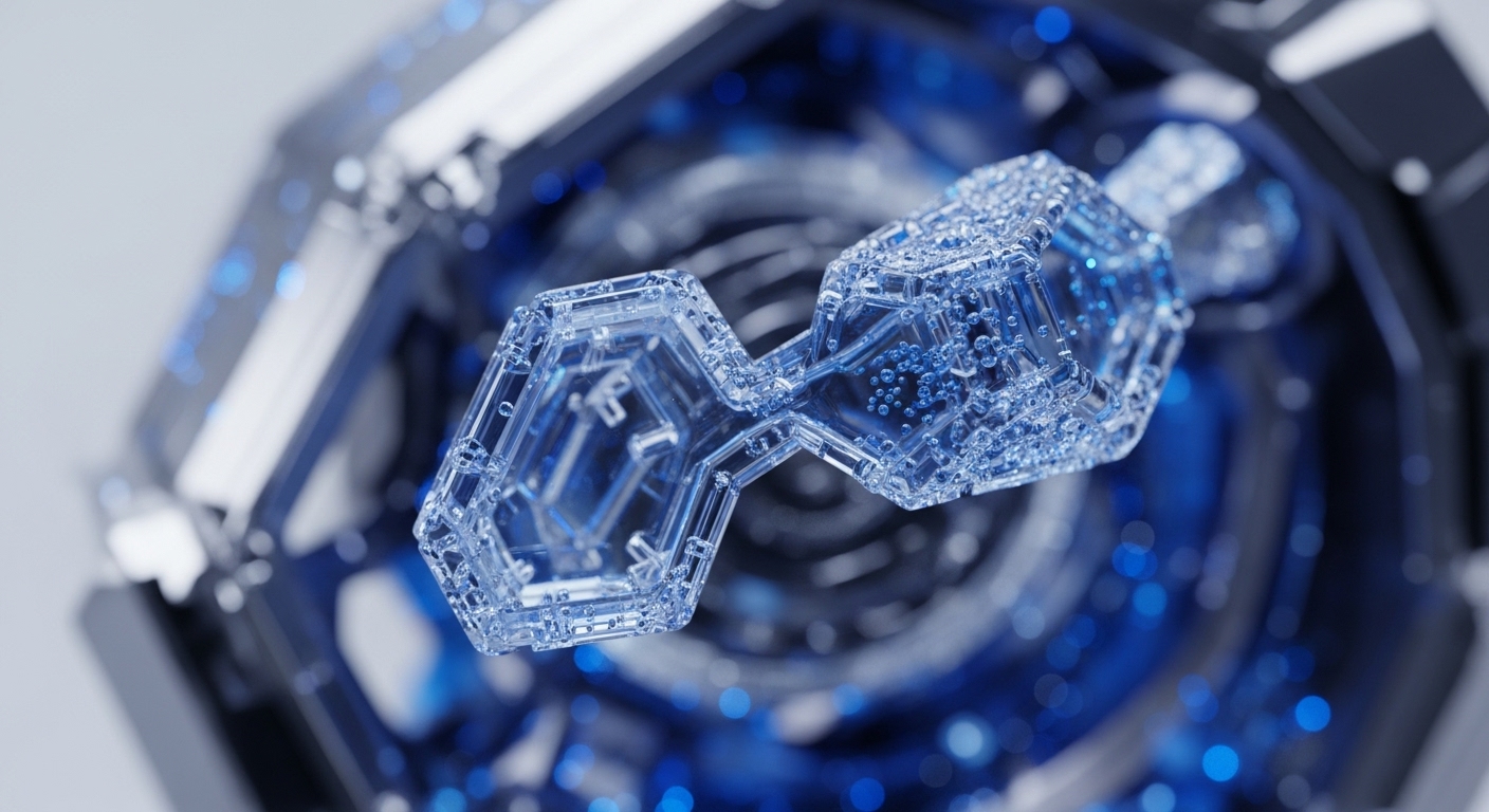 A transparent, intricately structured crystalline object, formed by two interconnected hexagonal modules, is prominently displayed against a blurred, glowing blue background. Small effervescent bubbles fill its surfaces, suggesting dynamic activity