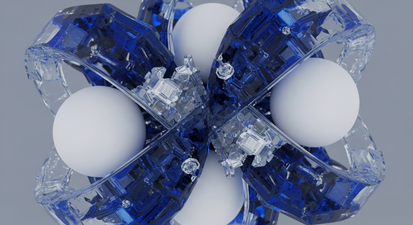 Interlocking blue crystalline facets and transparent prismatic elements surround luminous white spheres, forming an intricate, abstract structure. This visual composition suggests the complex architecture of decentralized networks, where each sphere can represent a node or a block within a blockchain