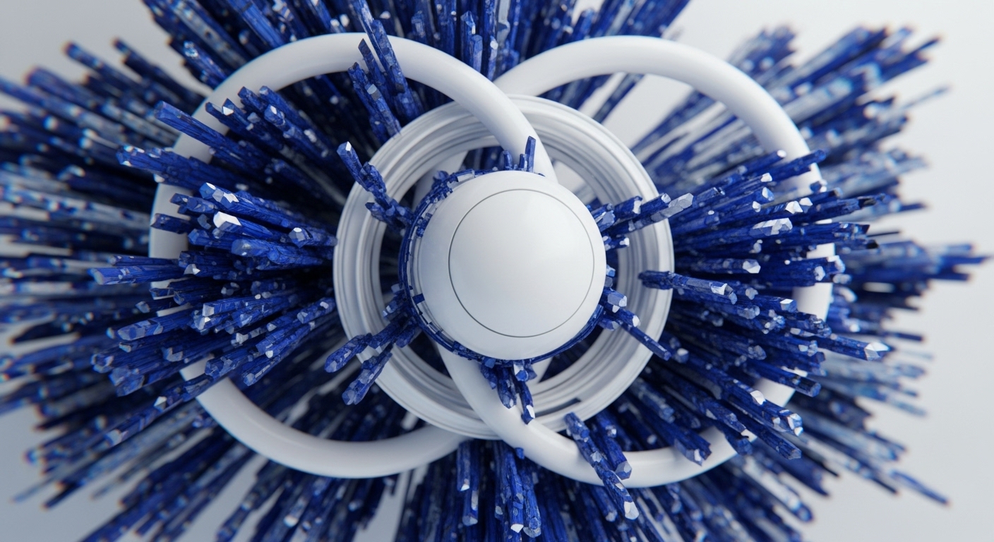 A central white sphere is encircled by two white rings, forming a symmetrical core from which numerous sharp, blue crystalline structures radiate outwards. These crystal shards, with their faceted surfaces and deep blue hue, create a dense, almost bristling effect, suggesting a complex and intricate system