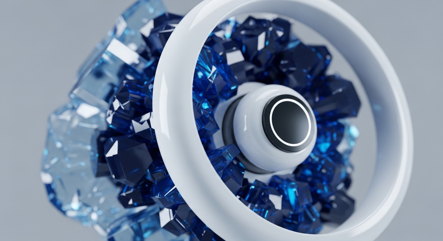 A central, polished white sphere featuring a dark, illuminated circular display is intricately embedded within a vibrant aggregation of sharp, crystalline formations. These translucent blue and lighter blue geometric shards create a dense, multifaceted core, reminiscent of raw data blocks or mined cryptographic assets