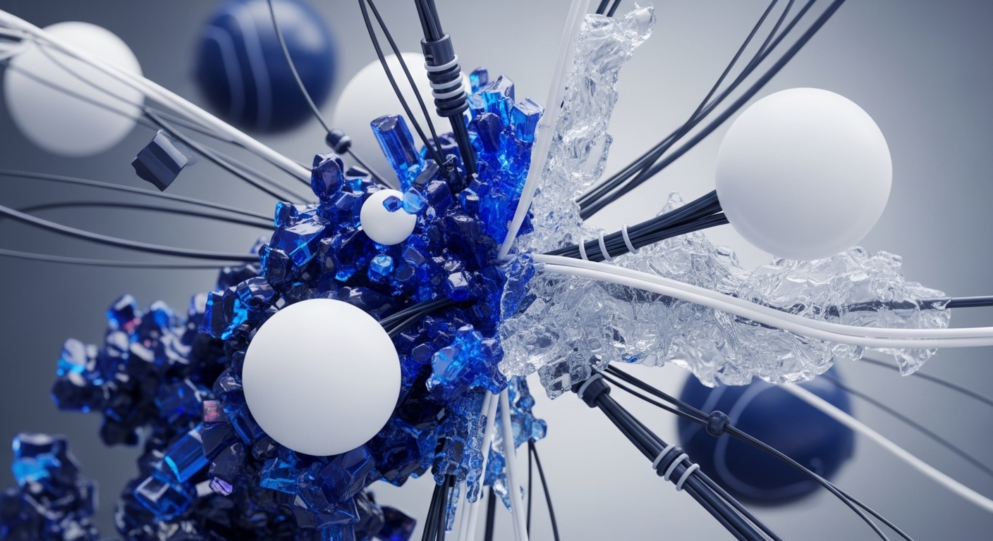 A vibrant abstract composition features a dense cluster of faceted blue and clear crystalline structures, suggesting immutable ledger entries or cryptographic hash functions. Numerous black and white cables intricately interweave through these forms, representing secure network connections and transaction propagation pathways within a distributed ledger technology. Smooth white spheres, acting as network nodes or tokenized assets, are embedded and float around the central mass. The arrangement visually interprets a complex decentralized network architecture, emphasizing data integrity and robust smart contract execution through a sophisticated consensus mechanism.