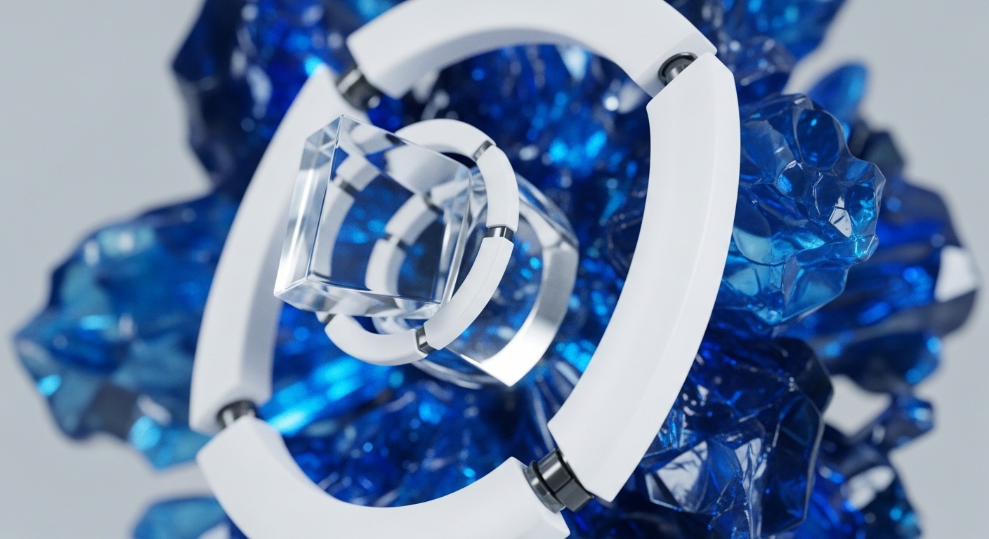 A complex geometric arrangement showcases a clear, angular crystalline core embraced by three white, segmented arcs, interconnected by dark metallic nodes. This central structure is enveloped by a dense cluster of sharp, deep blue crystalline shards, creating a sense of depth and intricate layering