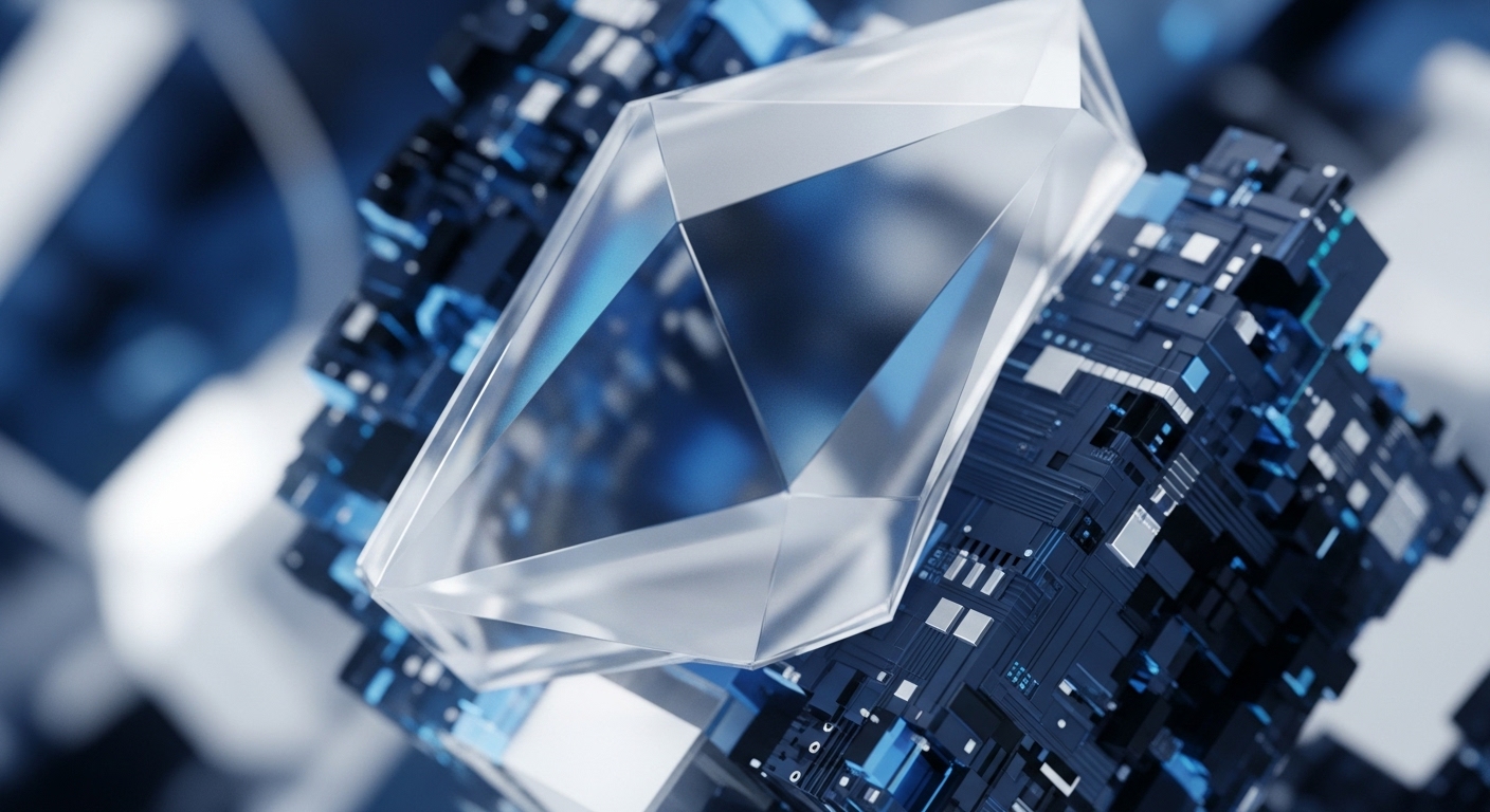 A brilliant, multifaceted crystalline object is the focal point, its geometric precision and transparency contrasting with a dense, dark blue network of technological components surrounding it. This intricate digital architecture, composed of layered blocks and circuit-like patterns, evokes the underlying infrastructure of a decentralized system