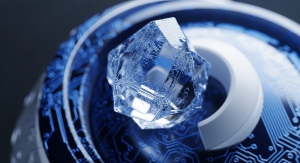 A faceted, translucent crystalline structure, resembling ice or a diamond, rests upon a complex, illuminated blue circuit board. The crystal's internal fractures and sharp edges catch light, suggesting intricate data pathways. This visual metaphor represents the abstract nature of cryptographic keys and the underlying blockchain architecture, possibly alluding to quantum-resistant cryptography or the immutable ledger's inherent complexity. It symbolizes the secure storage and processing of digital assets, where raw data transforms into verifiable transactions via sophisticated consensus mechanisms.