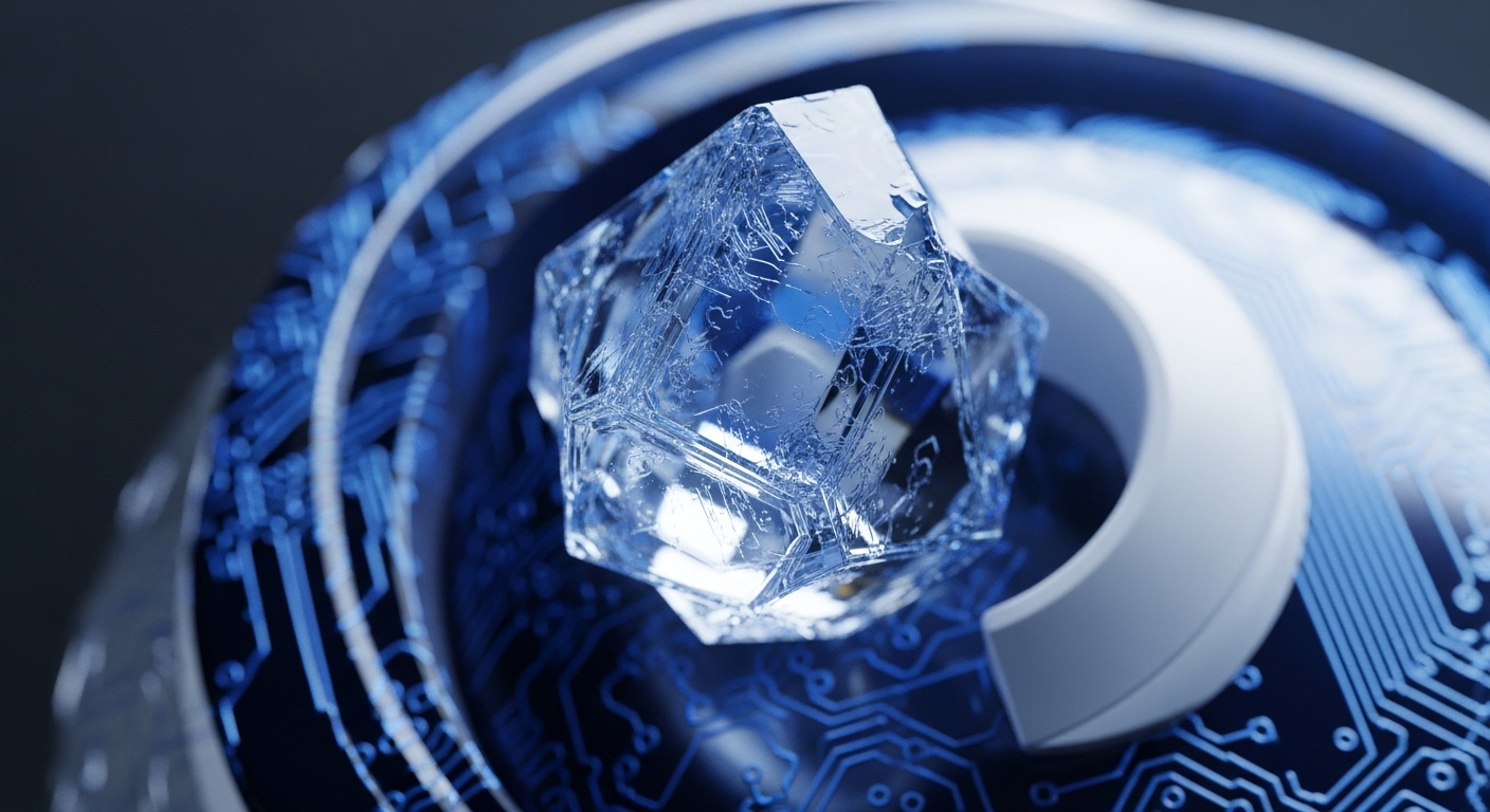 A clear, multifaceted crystal, exhibiting internal fissures and sharp geometric planes, is positioned centrally on a dark surface adorned with glowing blue circuitry. The crystal's transparency allows light to refract, highlighting its complex structure, reminiscent of a perfectly cut gem or a frozen entity
