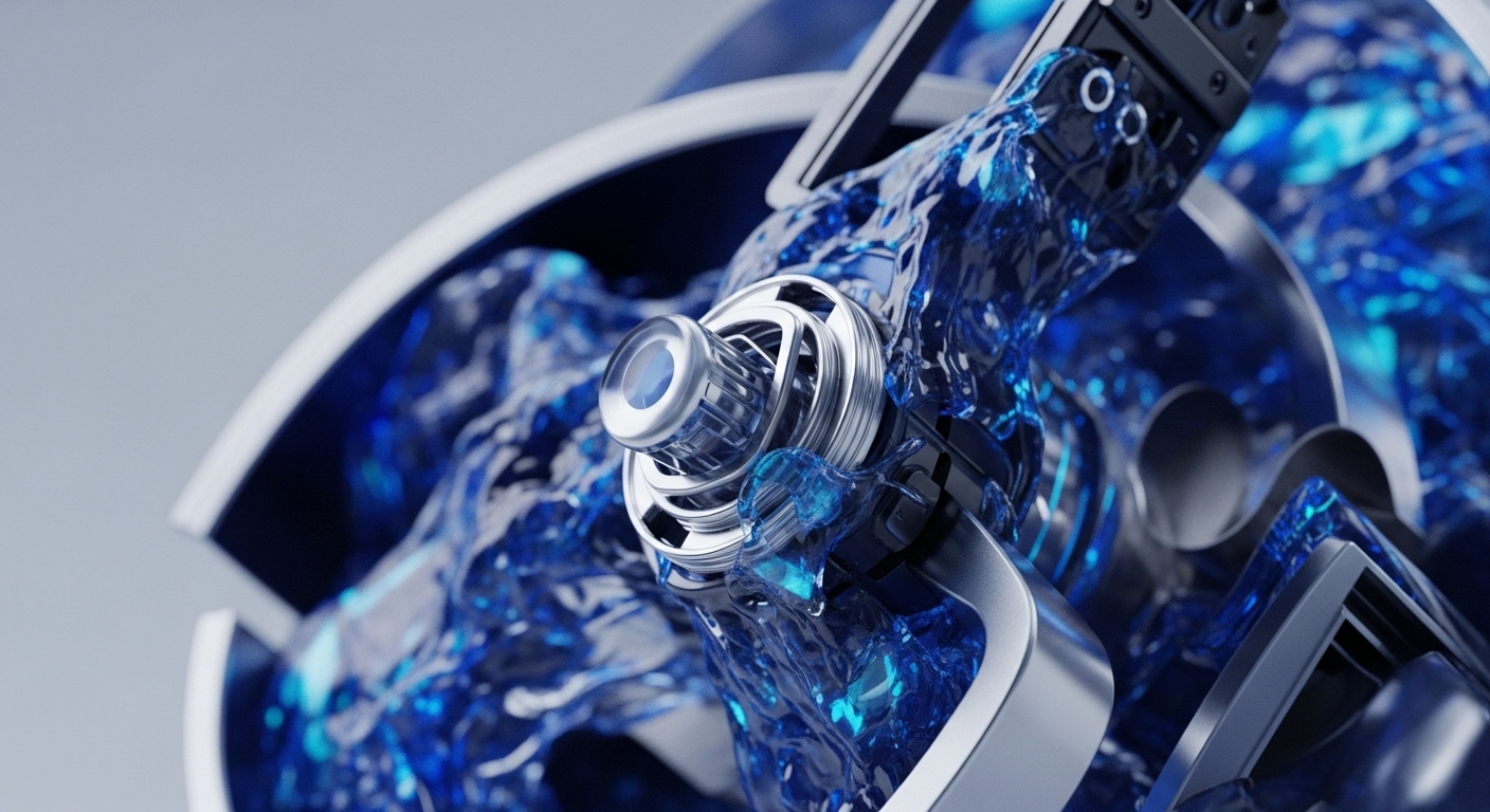 A close-up view reveals a sophisticated mechanical structure with metallic components and vibrant blue liquid in motion. The dynamic, translucent fluid interacts with polished silver and dark gray machinery, creating an impression of high-tech operational efficiency