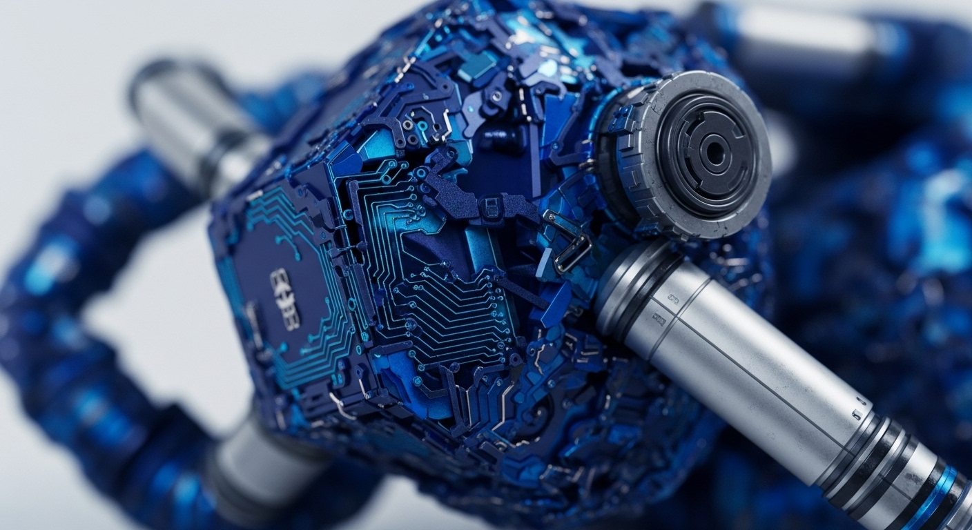 A detailed view presents a futuristic blue metallic apparatus, featuring prominent circuit board designs and metallic silver connectors. The central blue component displays glowing cyan traces and intricate electronic patterns, highlighting its complex internal mechanisms
